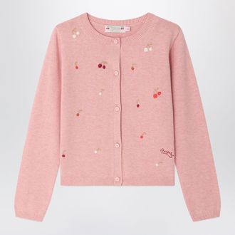BONPOINT Cardigan Lilith rosa con ciliegie ricamate