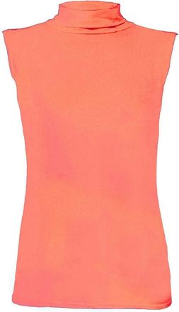 Janisramone Womens Ladies Turtle Polo Neck Sleeveless T-Shirt Plain Casual Stretchy Bodycon Vest Tee Top Coral