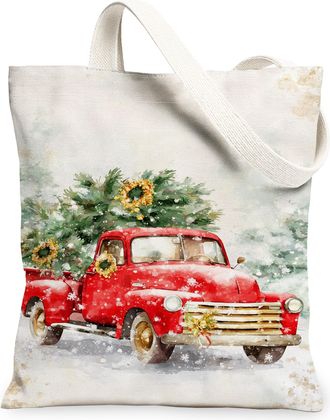 Generic Winter Rustic Canvas Tote Bags, Vintage Truck Christmas Tree Design Reusable Bags, Holiday Lightweight Washable Shoulder St, Red, 13x15 Inch