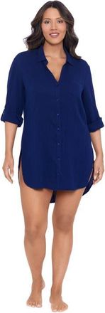 Trimshaper Button-Down High-Low Beach Shirt Coverup in Ink at Nordstrom, Size X-Large