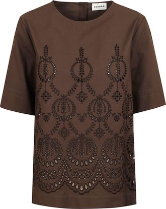 P.A.R.O.S.H. Brown Cotton Poplin Top with Embroidered Detail