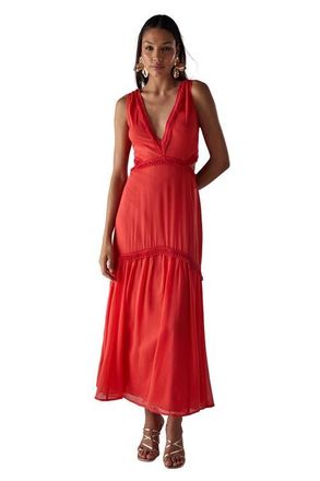 Warehouse Chiffon Fringe Trim Cut Out Maxi Dress in Red at Nordstrom, Size 12