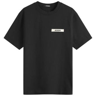 Jacquemus Mens Gros grain Logo-Patch T-shirt - Black Cotton - Size X-Large