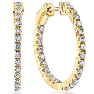 Pompeii3 1 Ct TW Diamond Hoops Womens Inside Outside Earrings 1 Tall 14k Gold