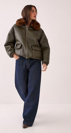 NASTY GAL Womens PU Oversized Faux Fur Collar Bomber Jacket - Khaki - Size 12 UK