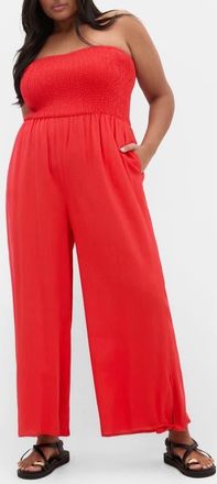 City Chic Ally Smocked Strapless Wide Leg Jumpsuit in Tigerlilly at Nordstrom, Size Xxxs