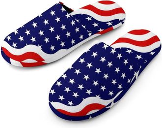 Generic U.S. Wave Flag Flannel Mens Slip-on Slippers Winter Warm House Shoes with Rubber Sole for Home Hotel