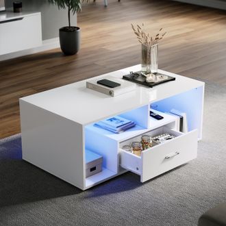 Sonni Sonni Mesas De Centro Led Mesas Bajas Fijas Con 2 Cajones Blanco 100x55x40cm Alto Brillo Gran Almacenaje Mesa De Sal&oacute;n