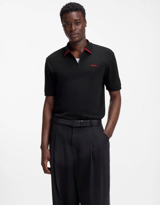 HUGO BOSS Mens HUGO Dalomino Mens Short Sleeve Zip Placket Polo Shirt with Contrast Logo - Black 002 - Size: 38