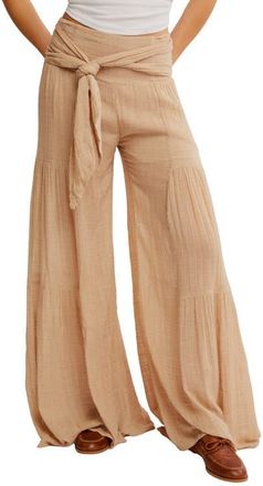 Free People Good Day Tie Waist Wide Leg Pants in Sand at Nordstrom, Size Large
