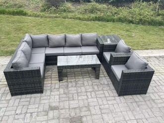 Fimous 8 Seater Rattan Corner Sofa Lounge Sofa Set With Rectangular Coffee Table Side Table Left Hand in Dark Grey
