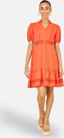 Yumi Cotton Lace Trim Skater Shirt Dress in Orange at Nordstrom, Size 10