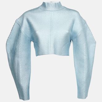 H&eacute;rve L&eacute;ger Blue Textured Lurex Knit Mock Neck Sweatshirt L