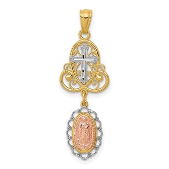 Diamond2Deal 14k Two-tone Gold White Rhodium Lady Guadalupe Cross Pendant