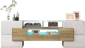 STILVORA Mueble Tv Con 6 Puertas, 2 Cajones Y Led Multicolor, Blanco Brillo Y Dorado, 145&times;30&times;51 Cm, En Tablero Aglomerado