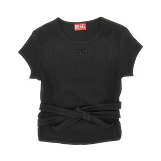 Diesel T-Shirts, female, Black, Size: M Waist Tie Crew Neck T-Shirt