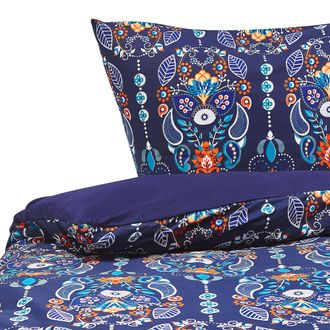 Beliani Conjunto De Fundas Y Almohada Algod&oacute;n Azul Oscuro 155 X 220 Cm Estampado Floral Juego De Edred&oacute;n De Lino Dormitorio Moderno Madrona