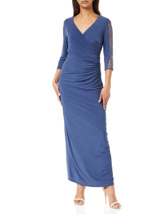 Gina Bacconi Long Surplice Neckline Dress with Rusched Waist and Beaded Sleeves., Wedgewood, 14