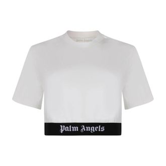 Palm Angels T-Shirts, female, White, M, White Logo Crop Top Jersey Texture