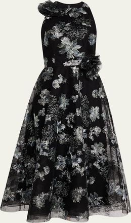 Teri Jon Metallic Floral-Embroidered Tulle Midi Dress