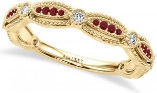 Allurez Antique Style Lab Ruby & Lab Grown Diamond Wedding Ring Band 14K Yellow Gold (0.20ct)