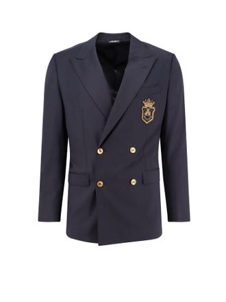 Dolce & Gabbana Stretch Virgin Wool Blazer With Frontal Logo Patch-Uomo