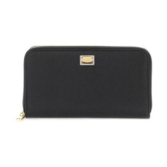 Dolce & Gabbana Wallets & Cardholders, female, Black, Size: ONE SIZE Leather Zip Around Wallet with Logo Plate