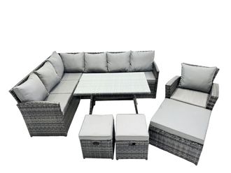 Fimous 10 Seat Patio Oblong Dining Table Corner Sofa Set with 3 Stool Chair in Dark Grey