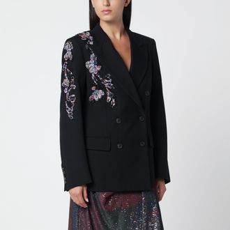 Dries Van Noten Black double-breasted jacket with floral sequinned appliqu&eacute;s