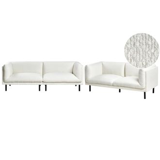 Beliani Conjunto De Sala De Estar 5 Plazas De Boucl&eacute; Patas De Hierro Negras Muebles Sala De Estar Blanco Crema Vorgod
