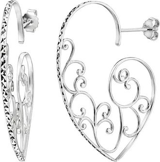 Gold & Honey Womens Filigree Heart Earrings In Silver