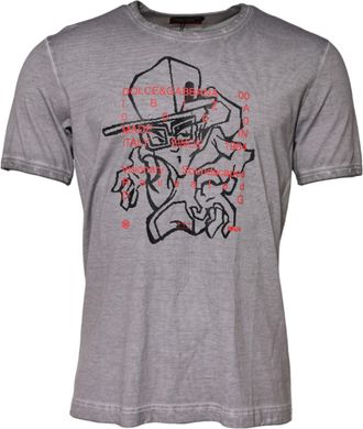 Dolce & Gabbana Gray Graphic Print Cotton Crew Neck Mens T-shirt
