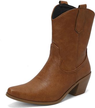 Generic Womens Mid-Calf Western Cowboy Boots with Square Toe & Chunky Heel, Retro Wide-Calf Style,Orange,6.5 UK