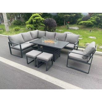 Fimous Fimous Aluminum Outdoor Garden Furniture Set Corner Sofa Chair Gas Fire Pit Dining Table Set 2 PC Stools Gas Heater Burner Dark Grey 9 Seater