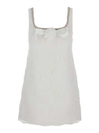 Self Portrait White Mini Dress With Square Neck And Bow Detail On The Front In Tech Fabric Woman