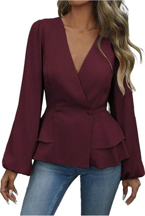 Generic Womens Tops Dressy Casual Blouses Long Sleeve Business Tops Ruffle V Neck Tunic Shirts Trendy Work Shirts Business Office Blouses Elegant Dressy Holid