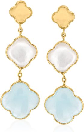 Ross-Simons Italian Mother-Of-Pearl and Aquamarine Clover Drop Earrings in 14kt Yellow Gold