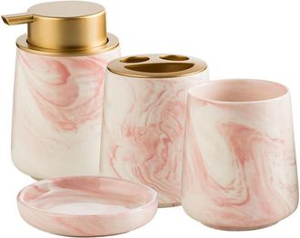 OEM Juego De 4 Accesorios De Cer&aacute;mica Rosa Jaspeada: Dispensador De Jab&oacute;n, Portacepillos De Dientes, Vaso, Jabonera - Ba&ntilde;o