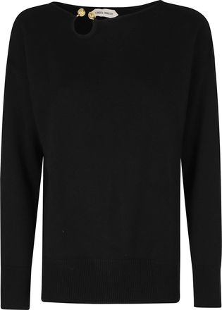 Alberta Ferretti Black Ribbed Trim Removable Jewel Round Neck Wool-Blend Sweater