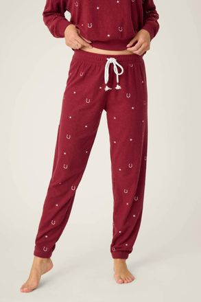 PJ Salvage Horseshoe Embroidered Sweatpant In Burgundy