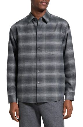 Theory Mens Faded Check Weekend Shirt, Charcoal Melange, XXL