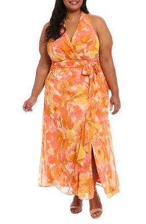 London Times Floral Sleeveless Chiffon Maxi Dress in Peach/Yellow at Nordstrom Rack, Size 16W