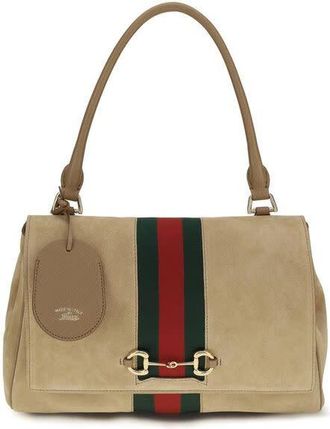 Gucci Web-Striped Suede Shoulder Bag Beige