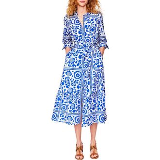 Boden Mia Tie Waist Tiered Long Sleeve Shirtdress in Gallery Blue, Vine Tile at Nordstrom Rack, Size 10