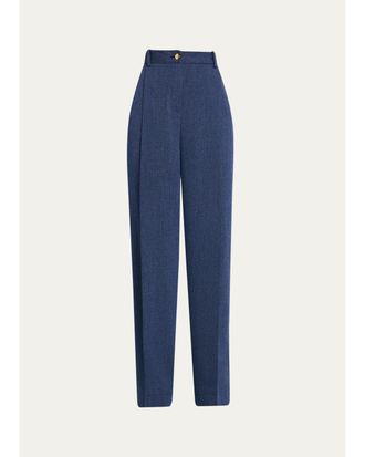 Oscar De La Renta Wool Drill Tailored Wide-Leg Trousers
