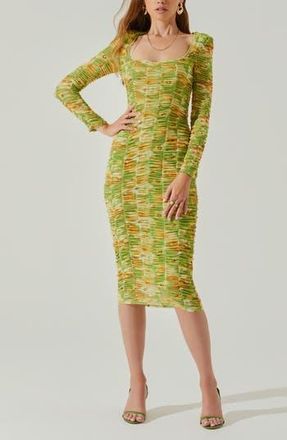 ASTR the Label Yelina Floral Long Sleeve Ruched Dress in Lime Yellow at Nordstrom Rack, Size X-Small