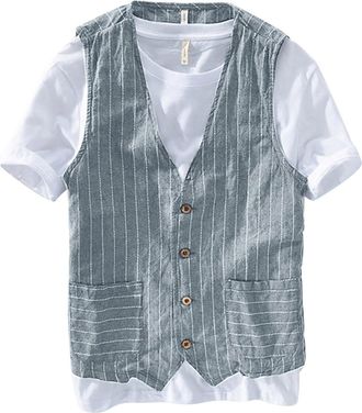 Generic Linen Suit Vest Men | Single Breasted Stripes Blazer Waistcoat Vest | Summer Casual Sleeveless Thin Vest | Soft Cozy Business Work Jacket Vintage Loos