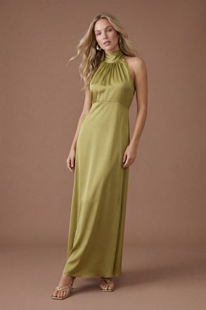 Oasis Womens Olive Satin Halter Neck Maxi Bridesmaid Dress - Green - Size 18 UK