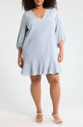 London Times Stripe Long Sleeve Ruffle Shift Dress in Blue/Ivory at Nordstrom Rack, Size 2 X