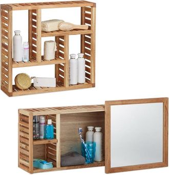 Relaxdays 2-piece walnut bathroom shelf set, wall shelf with 5 shelves, cabinet with mirror, wooden, natural, oiled wood